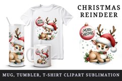 Watercolor playful cute reindeer Santa hat Merry Christmas quote print 20 oz tumbler skinny mug wrap clipart t-shirt sublimation printable design