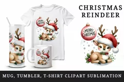 Watercolor playful cute reindeer Santa hat Merry Christmas quote print 20 oz tumbler skinny mug wrap clipart t-shirt sublimation printable design