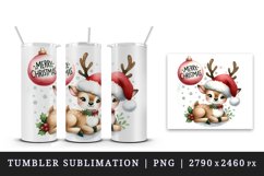Watercolor playful cute reindeer Santa hat Merry Christmas quote print 20 oz tumbler skinny mug wrap clipart t-shirt sublimation printable design