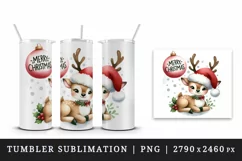 Watercolor playful cute reindeer Santa hat Merry Christmas quote print 20 oz tumbler skinny mug wrap clipart t-shirt sublimation printable design