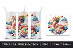 Watercolor playful dragon dancing clouds Chinese New Year quote round print 20 oz tumbler skinny mug wrap clipart t-shirt sublimation printable design