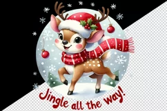Watercolor playful reindeer red Santa hat Jingle All The Way quote print 20 oz tumbler skinny mug wrap clipart t-shirt sublimation printable design