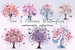 Tree Flowers Butterfly Watercolor Clipart Product Image 1
