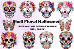 Skull Floral Halloween Sublimation PNG, Clipart Bundle Product Image 1