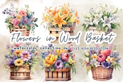Flowers in Wood Basket Watercolor Clipart Product Image 1