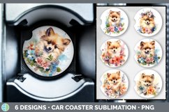 Bundle of six Wild Flowers Pomeranians Car Coaster designs.