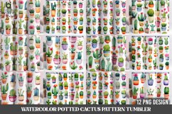 Watercolor Potted Cactus Pattern Sublimation Tumbler Design Product Image 1