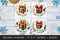 Watercolor present box with bow sparkles snowflakes Gift of Joy quote Christmas New Year winter print square coaster mug coasters sublimation design