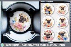 Bundle of six Wild Flowers Pugs Car Coaster designs.