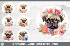 Bundle of six Wild Flowers Pugs Round Coaster designs.