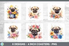 Bundle of six Wild Flowers Pugs Square Coaster designs.