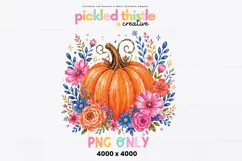 Boho-inspired fall pumpkin illustration with colorful flowers, leafy stems, and hand-painted texture designed for sublimation and printable projects.
