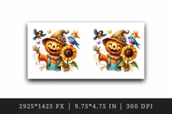 Watercolor pumpkin-headed scarecrow waving sunflower Halloween circular print tumbler skinny mug wrap clipart t-shirt sublimation printable design