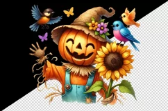 Watercolor pumpkin-headed scarecrow waving sunflower Halloween circular print tumbler skinny mug wrap clipart t-shirt sublimation printable design