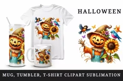 Watercolor pumpkin-headed scarecrow waving sunflower Halloween circular print tumbler skinny mug wrap clipart t-shirt sublimation printable design