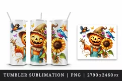 Watercolor pumpkin-headed scarecrow waving sunflower Halloween circular print tumbler skinny mug wrap clipart t-shirt sublimation printable design