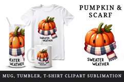 Watercolor pumpkin wearing a scarf Sweater Weather quote print 20 oz tumbler skinny mug wrap clipart t-shirt sublimation printable design