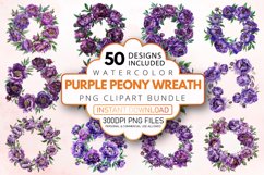Watercolor Purple Peony Wreath Clipart Bundle Product Image 1