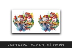 Watercolor quaint little village colorful houses and a stream landscape 20 oz tumbler skinny mug wrap clipart t-shirt sublimation printable design