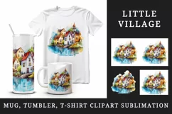 Watercolor quaint little village colorful houses and a stream landscape 20 oz tumbler skinny mug wrap clipart t-shirt sublimation printable design