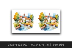 Watercolor quaint little village colorful houses and a stream landscape 20 oz tumbler skinny mug wrap clipart t-shirt sublimation printable design