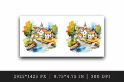 Watercolor quaint little village colorful houses and a stream landscape 20 oz tumbler skinny mug wrap clipart t-shirt sublimation printable design