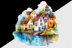 Watercolor quaint little village colorful houses and a stream landscape 20 oz tumbler skinny mug wrap clipart t-shirt sublimation printable design