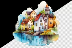 Watercolor quaint little village colorful houses and a stream landscape 20 oz tumbler skinny mug wrap clipart t-shirt sublimation printable design