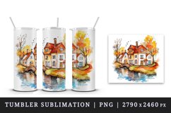 Watercolor quaint little village colorful houses and a stream landscape 20 oz tumbler skinny mug wrap clipart t-shirt sublimation printable design