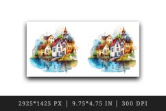 Watercolor quaint little village colorful houses and a stream landscape 20 oz tumbler skinny mug wrap clipart t-shirt sublimation printable design
