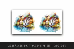 Watercolor quaint little village colorful houses and a stream landscape 20 oz tumbler skinny mug wrap clipart t-shirt sublimation printable design