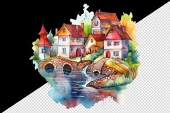 Watercolor quaint little village colorful houses and a stream landscape 20 oz tumbler skinny mug wrap clipart t-shirt sublimation printable design