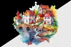 Watercolor quaint little village colorful houses and a stream landscape 20 oz tumbler skinny mug wrap clipart t-shirt sublimation printable design