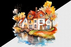 Watercolor quaint little village colorful houses and a stream landscape 20 oz tumbler skinny mug wrap clipart t-shirt sublimation printable design