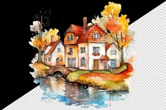 Watercolor quaint little village colorful houses and a stream landscape 20 oz tumbler skinny mug wrap clipart t-shirt sublimation printable design