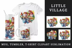 Watercolor quaint little village colorful houses and a stream landscape 20 oz tumbler skinny mug wrap clipart t-shirt sublimation printable design