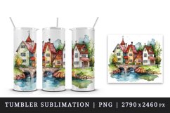 Watercolor quaint little village colorful houses and a stream landscape 20 oz tumbler skinny mug wrap clipart t-shirt sublimation printable design