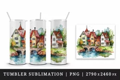 Watercolor quaint little village colorful houses and a stream landscape 20 oz tumbler skinny mug wrap clipart t-shirt sublimation printable design