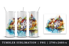 Watercolor quaint little village colorful houses and a stream landscape 20 oz tumbler skinny mug wrap clipart t-shirt sublimation printable design