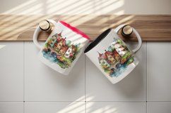 Watercolor quaint little village colorful houses and a stream landscape 20 oz tumbler skinny mug wrap clipart t-shirt sublimation printable design