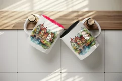 Watercolor quaint little village colorful houses and a stream landscape 20 oz tumbler skinny mug wrap clipart t-shirt sublimation printable design