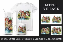 Watercolor quaint little village colorful houses and a stream landscape 20 oz tumbler skinny mug wrap clipart t-shirt sublimation printable design