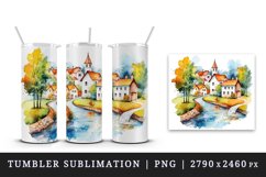 Watercolor quaint little village colorful houses and a stream landscape 20 oz tumbler skinny mug wrap clipart t-shirt sublimation printable design