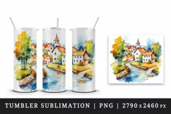 Watercolor quaint little village colorful houses and a stream landscape 20 oz tumbler skinny mug wrap clipart t-shirt sublimation printable design