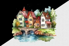 Watercolor quaint little village colorful houses and a stream landscape 20 oz tumbler skinny mug wrap clipart t-shirt sublimation printable design