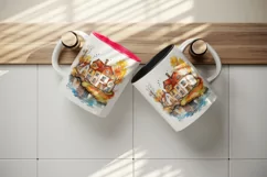 Watercolor quaint little village colorful houses and a stream landscape 20 oz tumbler skinny mug wrap clipart t-shirt sublimation printable design