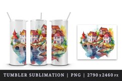 Watercolor quaint little village colorful houses and a stream landscape 20 oz tumbler skinny mug wrap clipart t-shirt sublimation printable design