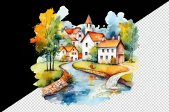 Watercolor quaint little village colorful houses and a stream landscape 20 oz tumbler skinny mug wrap clipart t-shirt sublimation printable design
