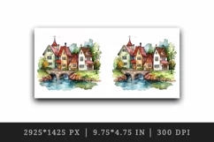 Watercolor quaint little village colorful houses and a stream landscape 20 oz tumbler skinny mug wrap clipart t-shirt sublimation printable design