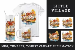 Watercolor quaint little village colorful houses and a stream landscape 20 oz tumbler skinny mug wrap clipart t-shirt sublimation printable design